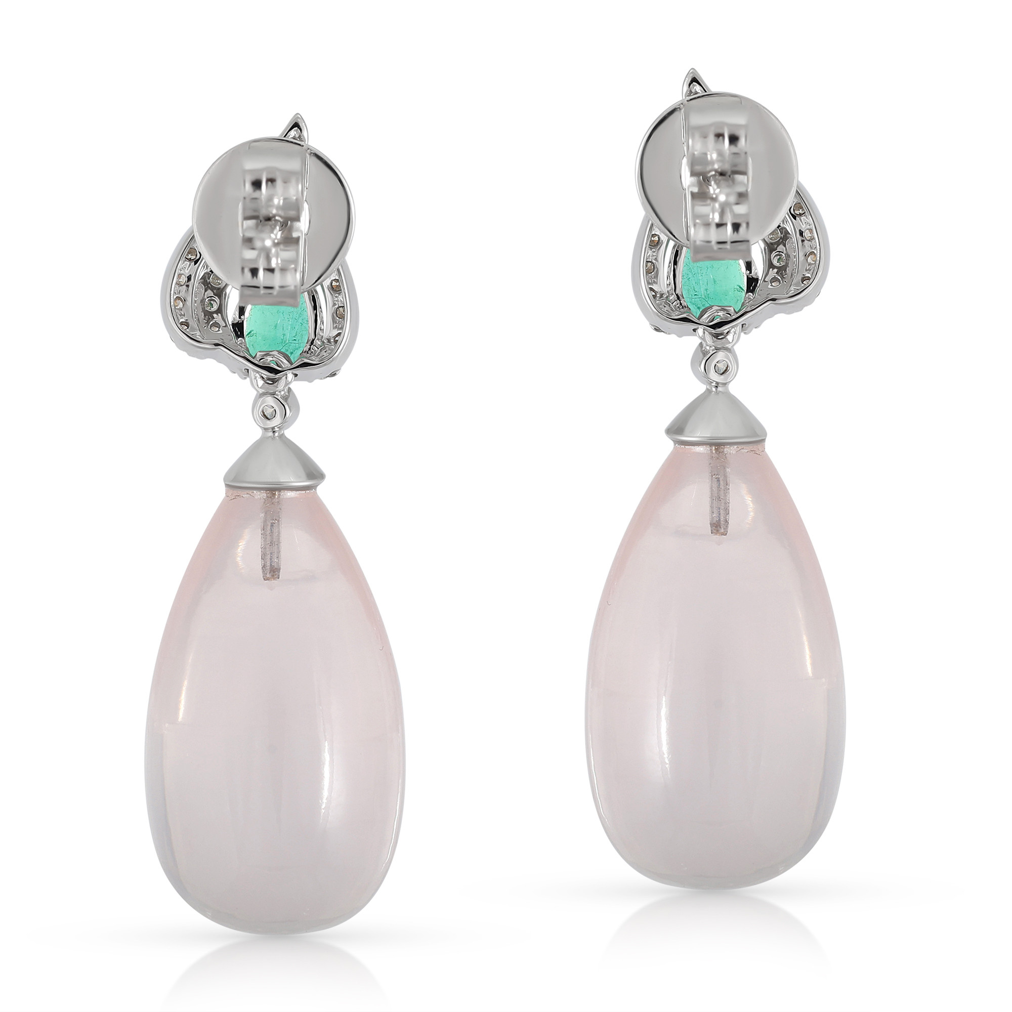  Cercei Aur Alb 14k, Cuart Roz 35.00 ct, Smaralde 0.65 Ct, Diamante 0.40 Ct 3