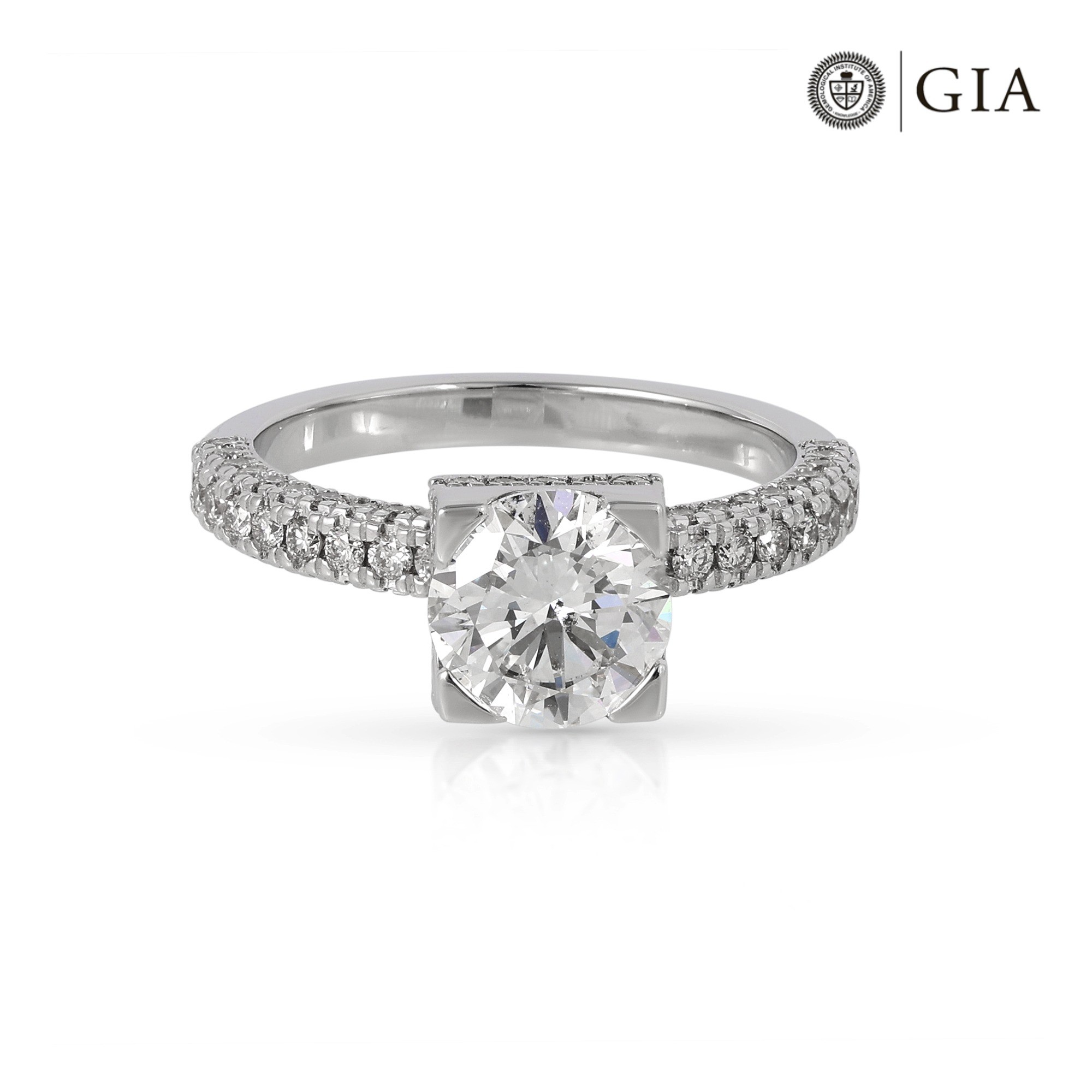  Inel Aur Alb 18k, Diamant Solitaire 1.50 Ct H/SI2, Diamante Laterale 0.75 Ct 1