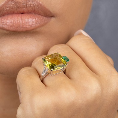  Inel Aur Alb 14K, Lemon Cuart 10.00 Ct, Smarald 0.32 Ct,  Diamante 0.15 Ct 2