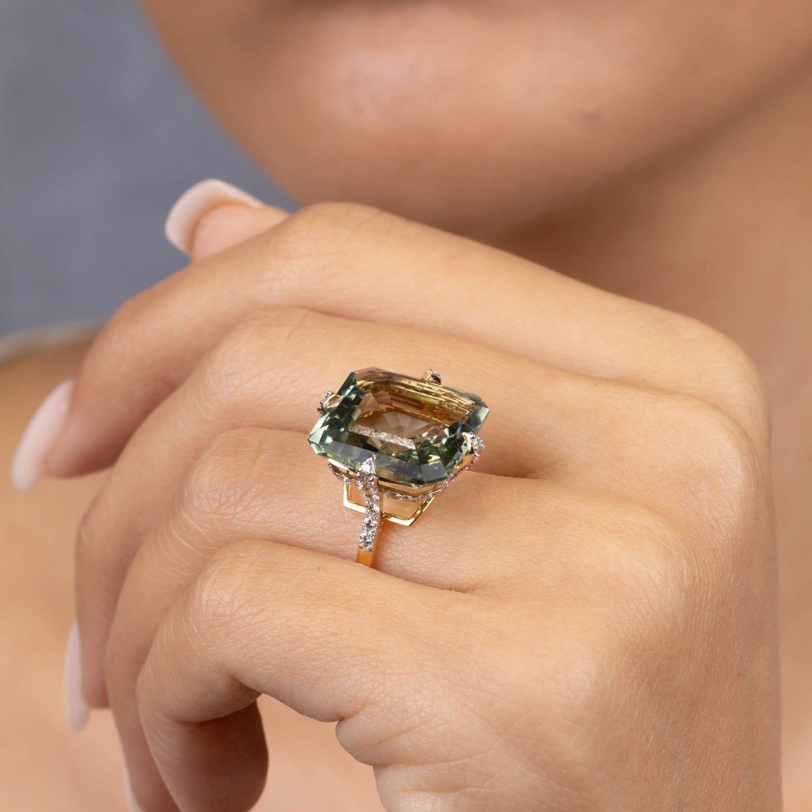  Inel Aur Galben 14K, Ametist Verde 16.00 ct, Diamante 0.75 ct 4