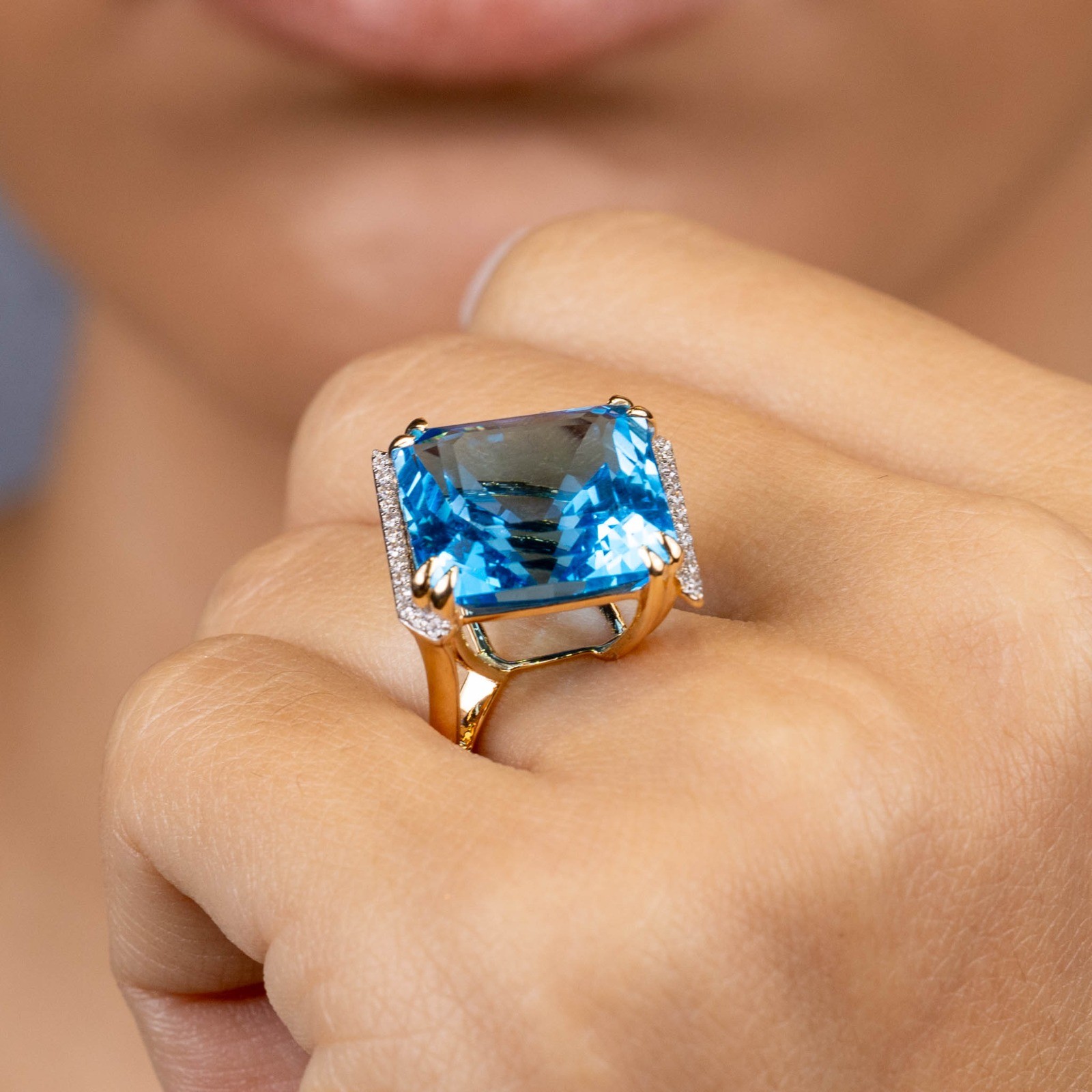  Inel Aur Roz 14K, Swiss Topaz 21.46 Ct, Diamante 0. 20 Ct 2