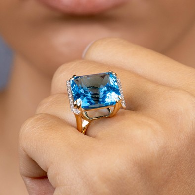  Inel Aur Roz 14K, Swiss Topaz 21.46 Ct, Diamante 0. 20 Ct 2