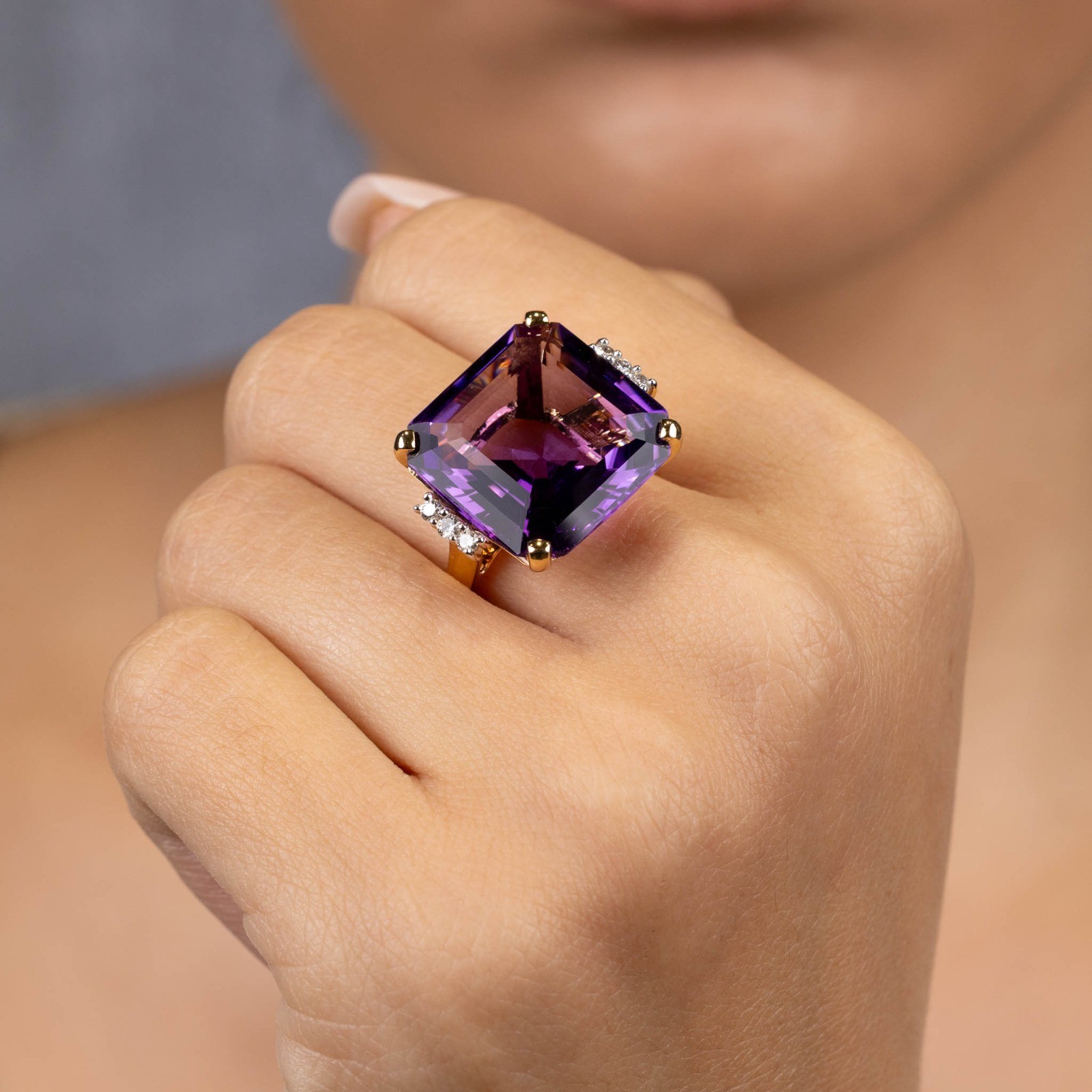  Inel Aur Galben 14K, Ametist  19.50 Ct, Diamante 0. 20 Ct 2