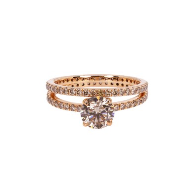 Inel Aur Roz 18k,  Diamant Champagne Light Brown 1.01 Ct, Diamante Champagne laterale 0.92 Ct 1
