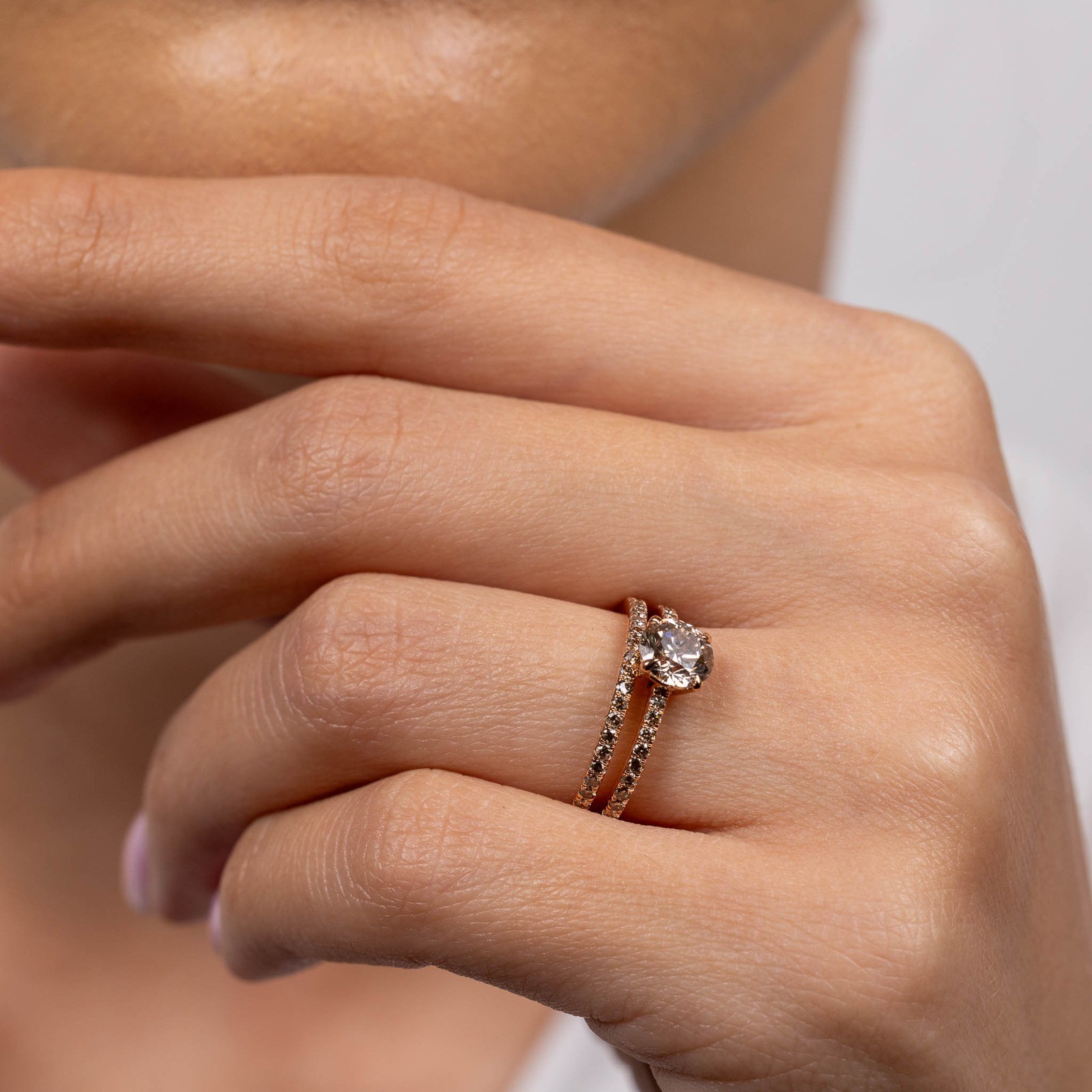  Inel Aur Roz 18k,  Diamant Champagne Light Brown 1.01 Ct, Diamante Champagne laterale 0.92 Ct 2