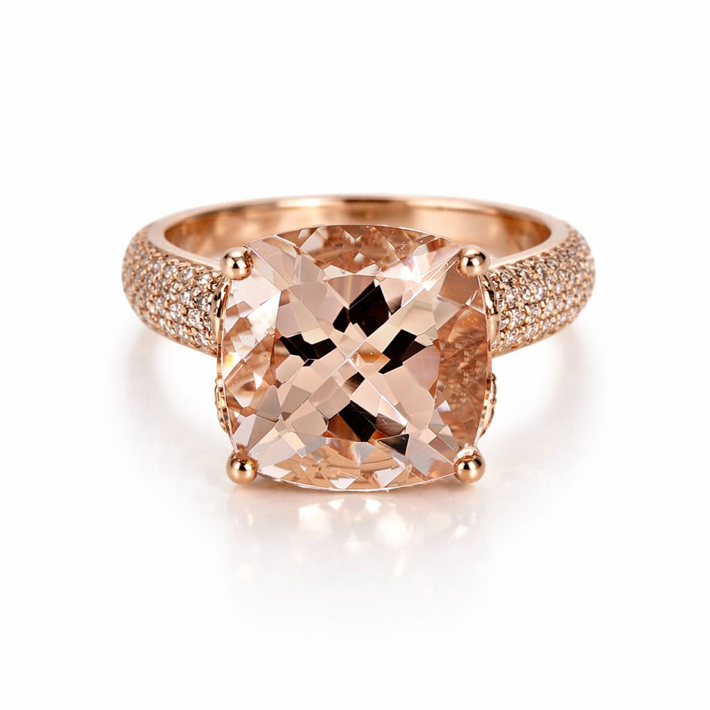  Inel Aur Roz 18k, Morganit 5.95 Ct, Diamante Champagne 1.08 Ct 1