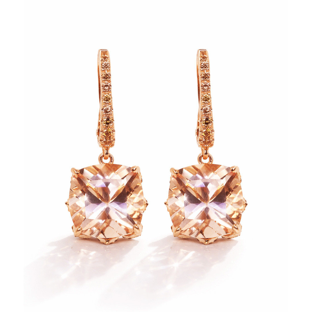  Cercei Aur Roz 18k, Morganit 7.60 Ct, Diamante Champagne 0.75 Ct 1