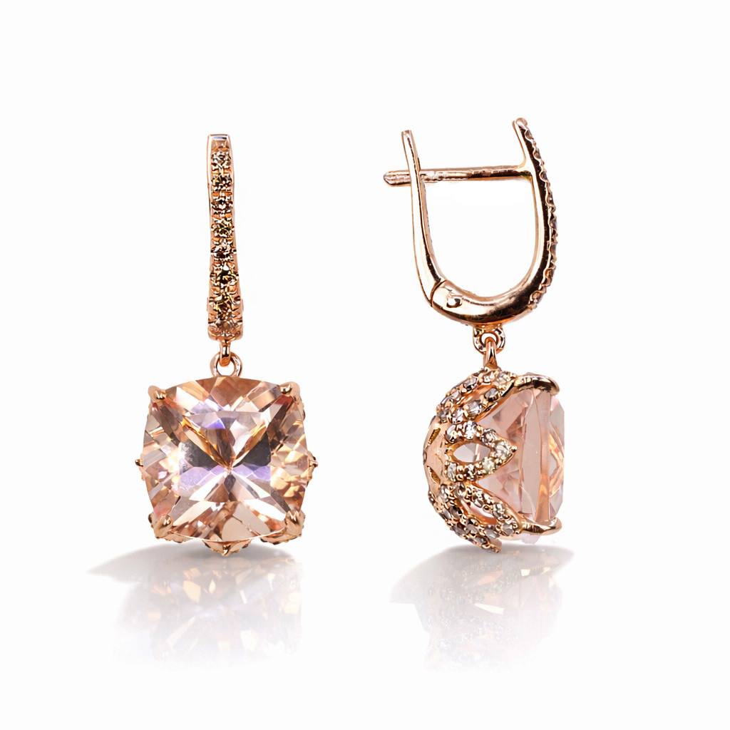  Cercei Aur Roz 18k, Morganit 7.60 Ct, Diamante Champagne 0.75 Ct 2