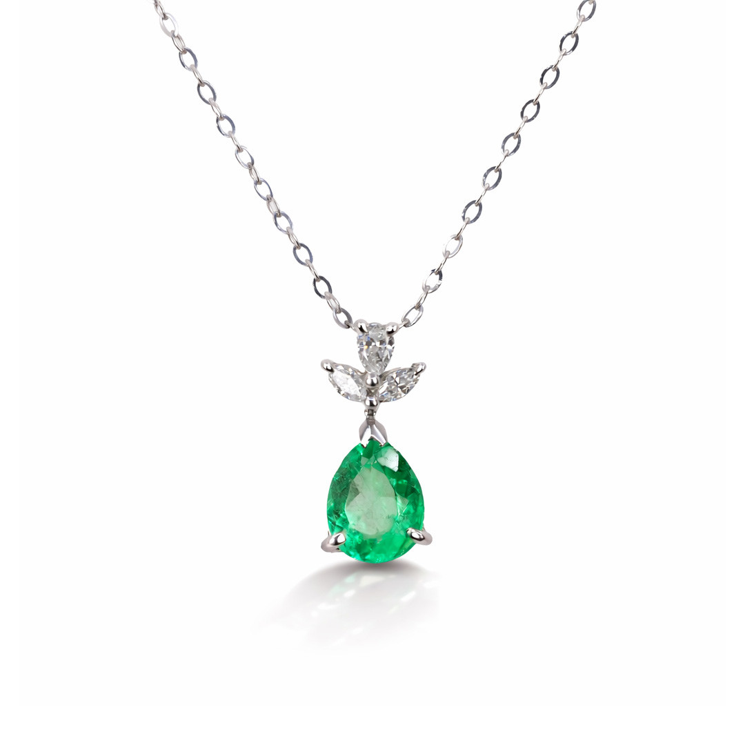  Colier Aur Alb 14k, Smarald 1.05 Ct, Diamante 0.15 Ct 