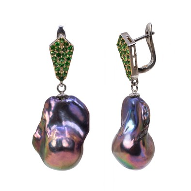  Cercei Argint 925, Perle Baroque Tahiti, Tsavorite 2