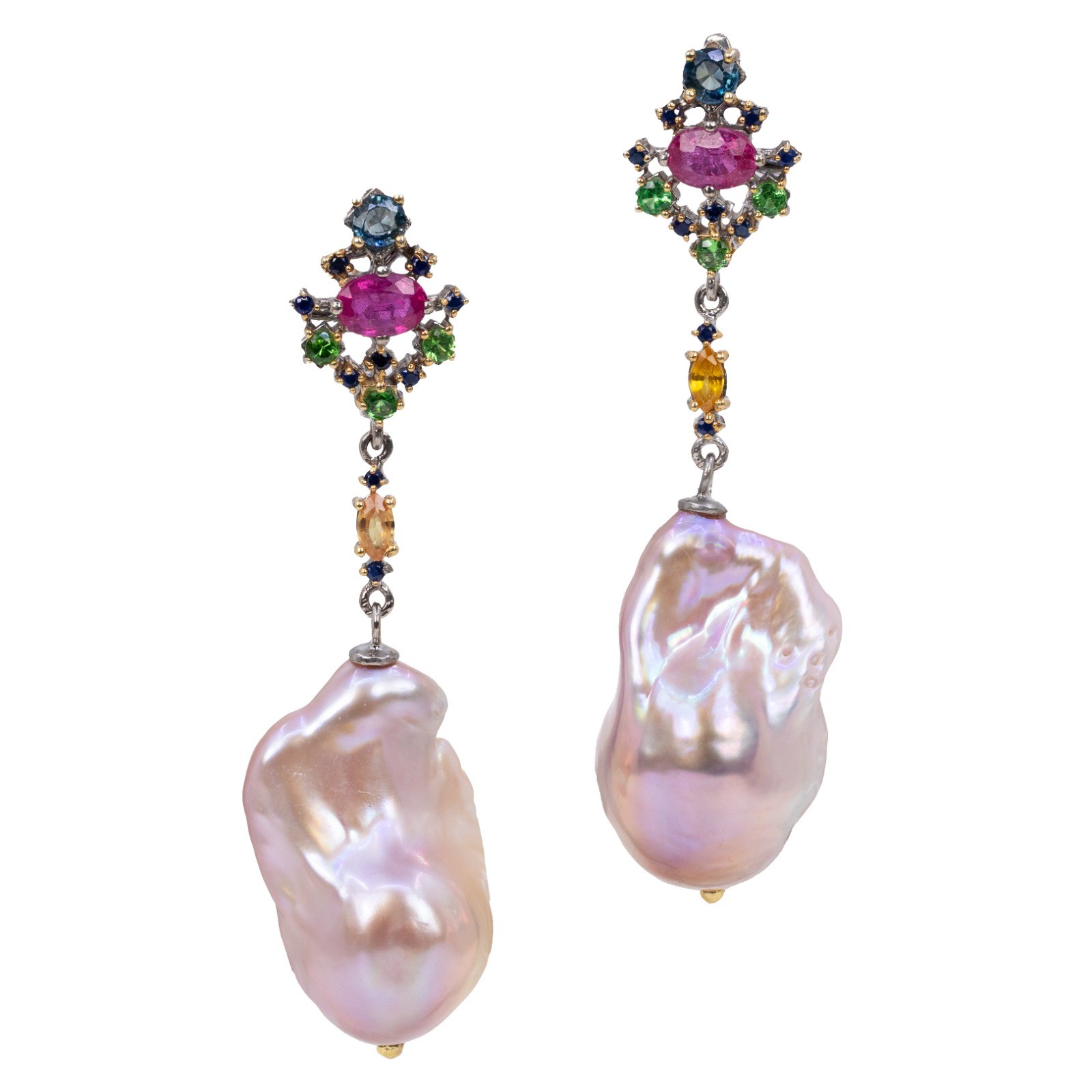  Cercei Argint 925, Perle Baroque , Safire Fancy, London Topaz, Tsavorite 1