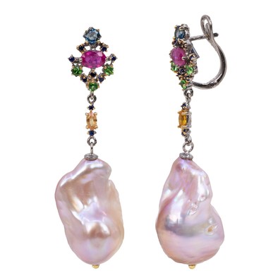  Cercei Argint 925, Perle Baroque , Safire Fancy, London Topaz, Tsavorite 2