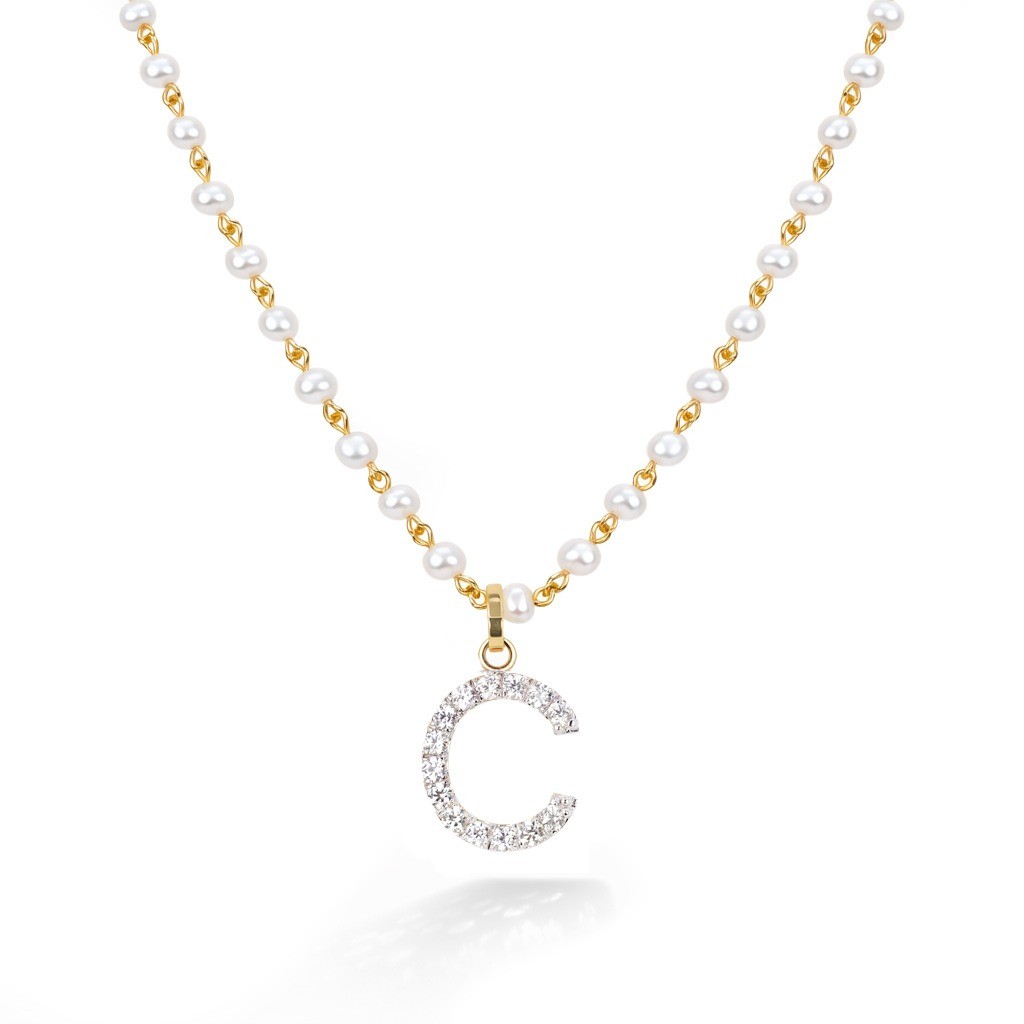  Colier Aur Galben 14K, Perle 11.20 Ct, Safire Albe 0.50 Ct, litera C 