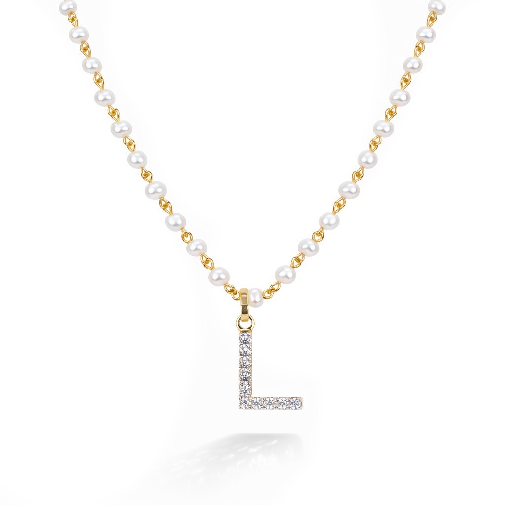  Colier Aur Galben 14K, Perle 11.20 Ct, Safire Albe 0.50 Ct, litera L 