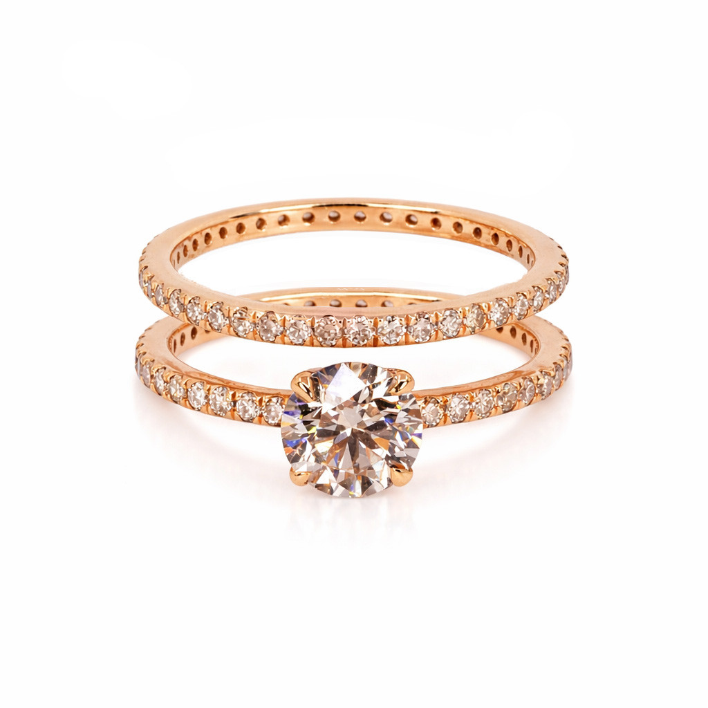  Inel Aur Roz 18k,  Diamant Champagne Light Brown 1.01 Ct, Diamante Champagne laterale 0.92 Ct 1