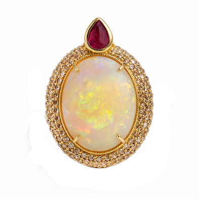  Pandantiv Aur Galben 18k, Opal 18.50 ct, Rubin 1.00 ct, Diamante Champagne 2.00 ct 1