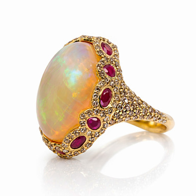  Inel Aur Galben 18k, Opal 20 ct, Rubin 1.42 ct, Diamante Champagne 1.17 ct 3