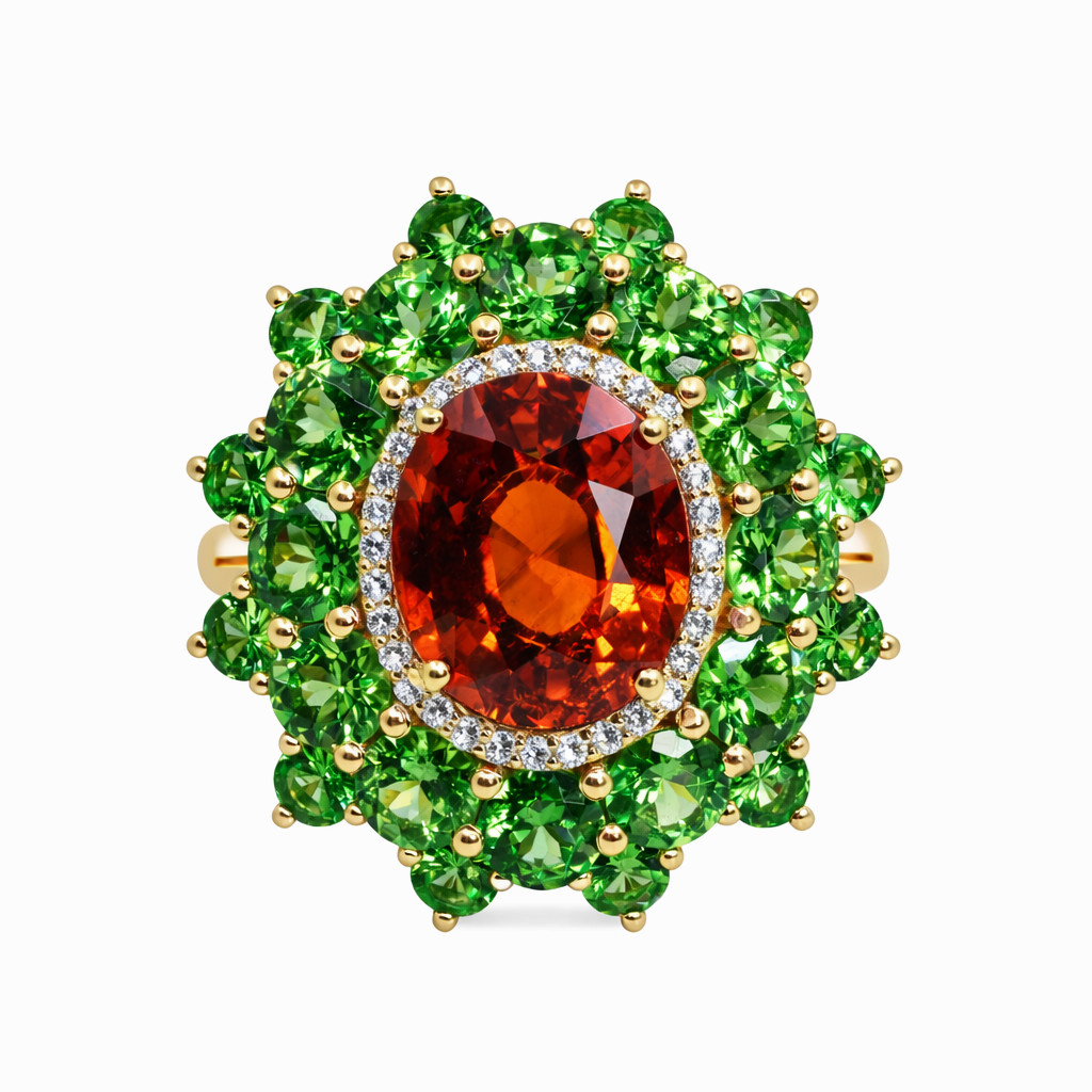  Inel Aur 18k, Spesartit 8.10 ct, Tsavorite 6.20 ct, Diamante 0.18 ct 1