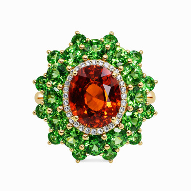  Inel Aur 18k, Spesartit 8.10 ct, Tsavorite 6.20 ct, Diamante 0.18 ct 1