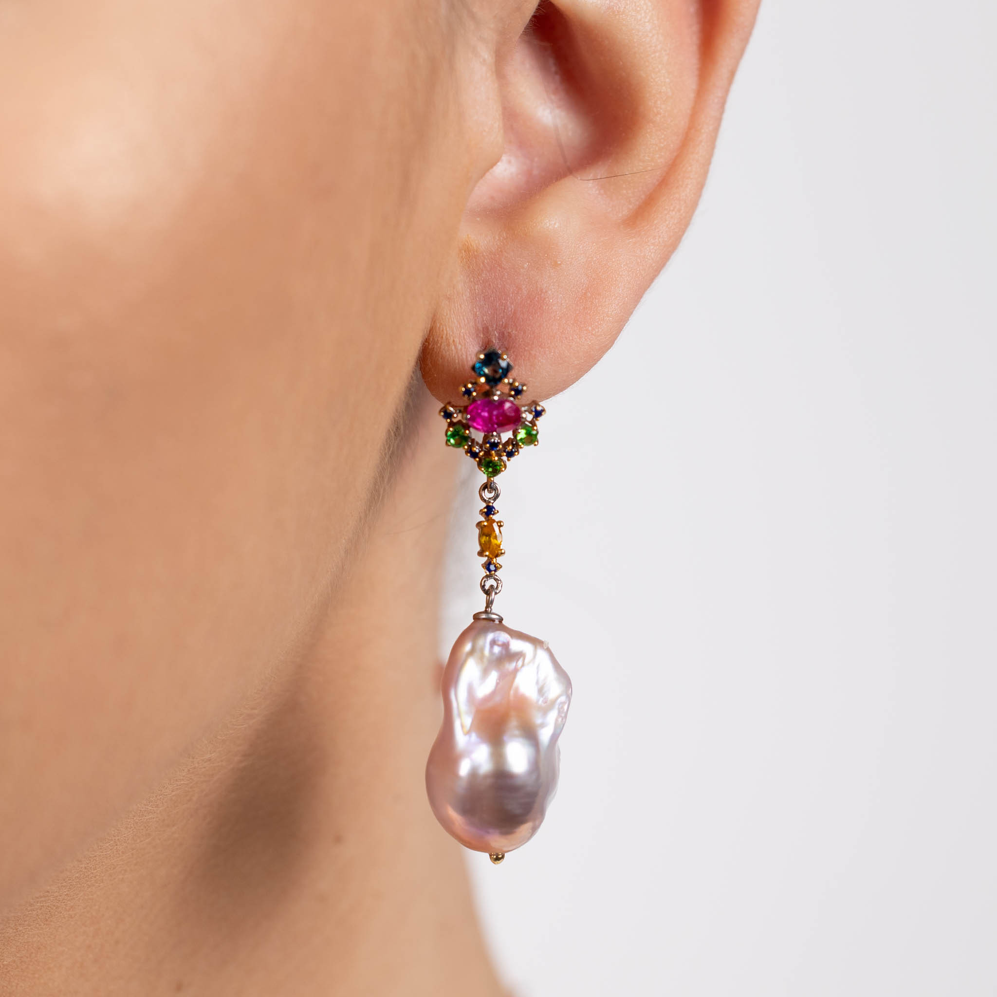  Cercei Argint 925, Perle Baroque , Safire Fancy, London Topaz, Tsavorite 2