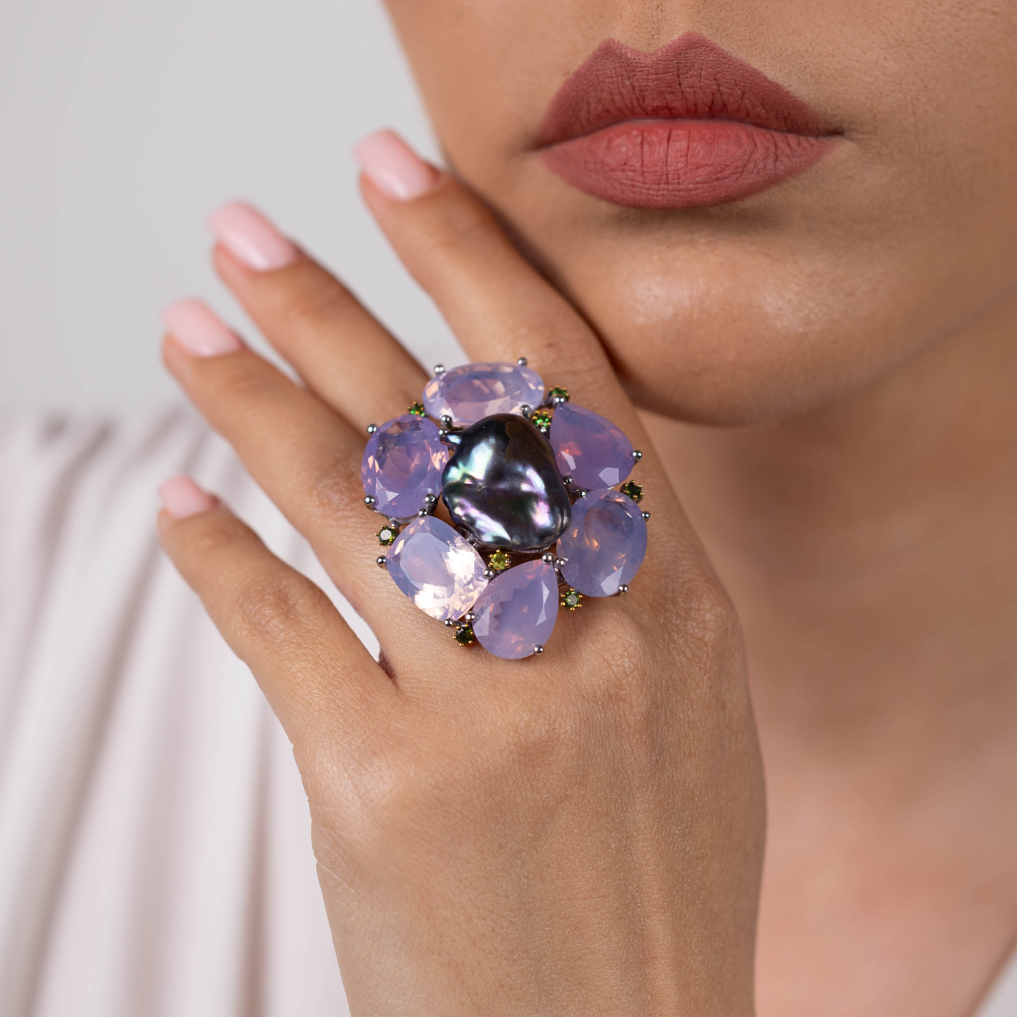  Inel Argint 925, Perla Baroque Tahiti, Ametist Lavanda, Tsavorite 2