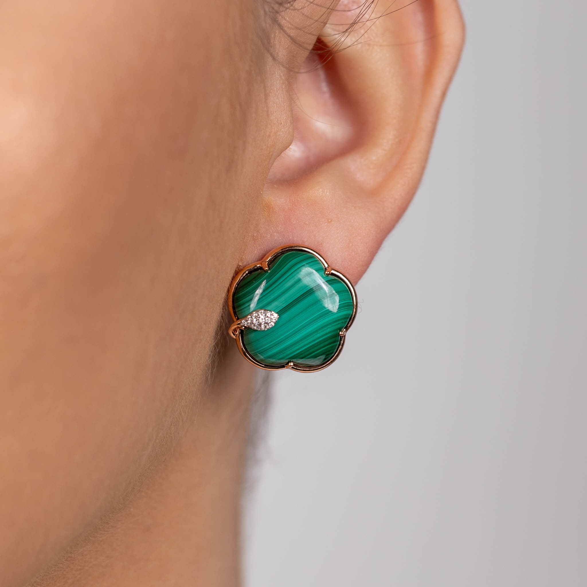  Cercei Aur Roz 14K, Malachite 47.50 Ct, Diamante 0.14 Ct 2