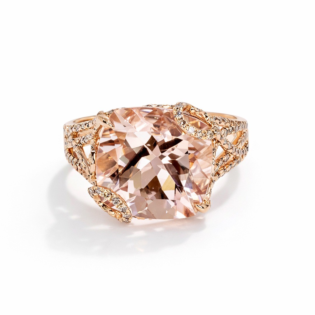  Inel Aur Roz 18k, Morganit 6.20 Ct, Diamante Champagne 0.92 ct 1