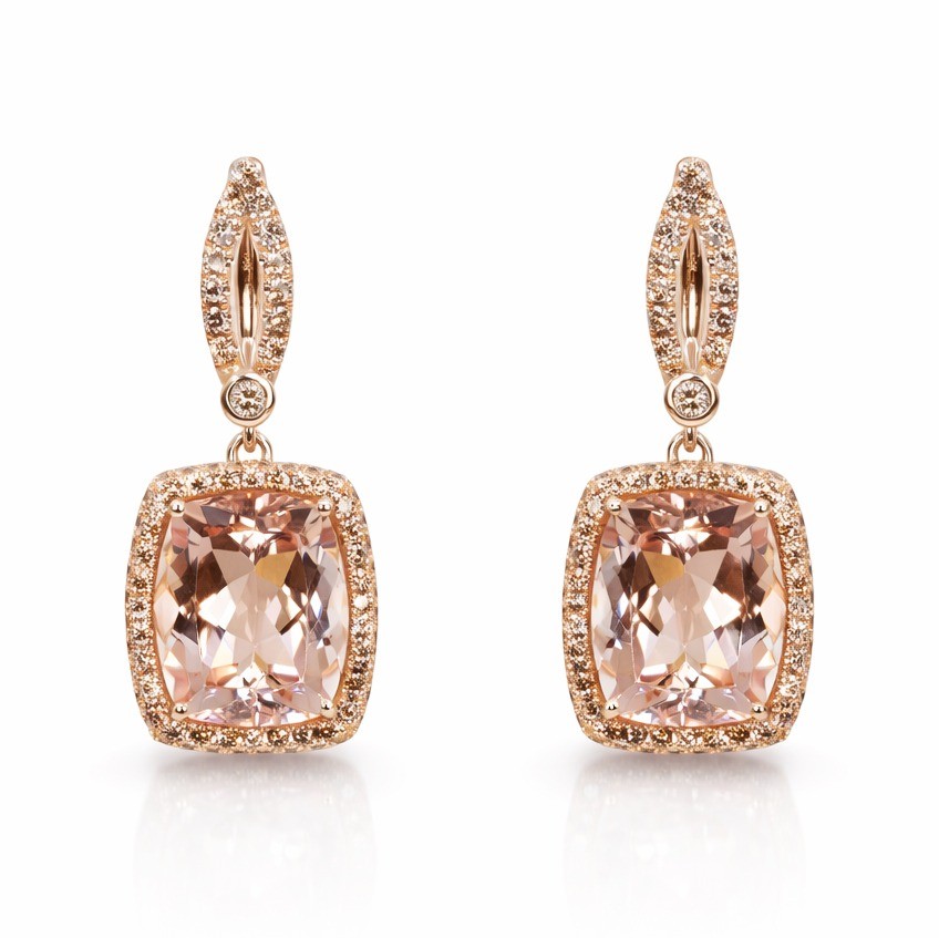  Cercei Aur Roz 18k, Morganite 14.50 Ct, Diamante Champagne 1.95 Ct 1