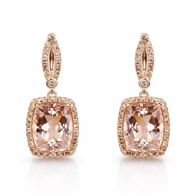  Cercei Aur Roz 18k, Morganite 14.50 Ct, Diamante Champagne 1.95 Ct 1