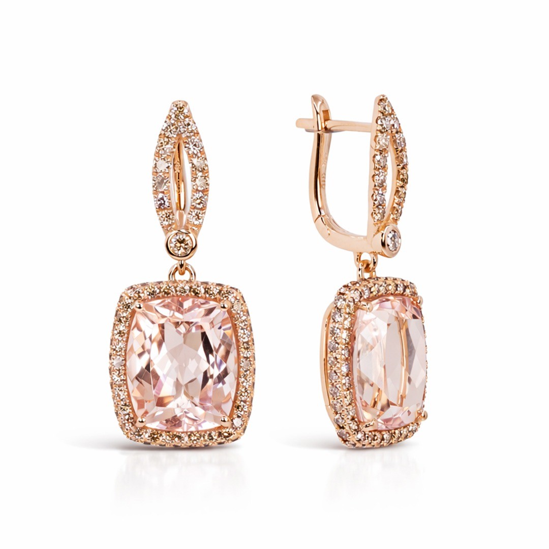  Cercei Aur Roz 18k, Morganite 14.50 Ct, Diamante Champagne 1.95 Ct 2