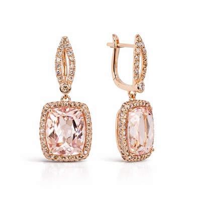  Cercei Aur Roz 18k, Morganite 14.50 Ct, Diamante Champagne 1.95 Ct 2