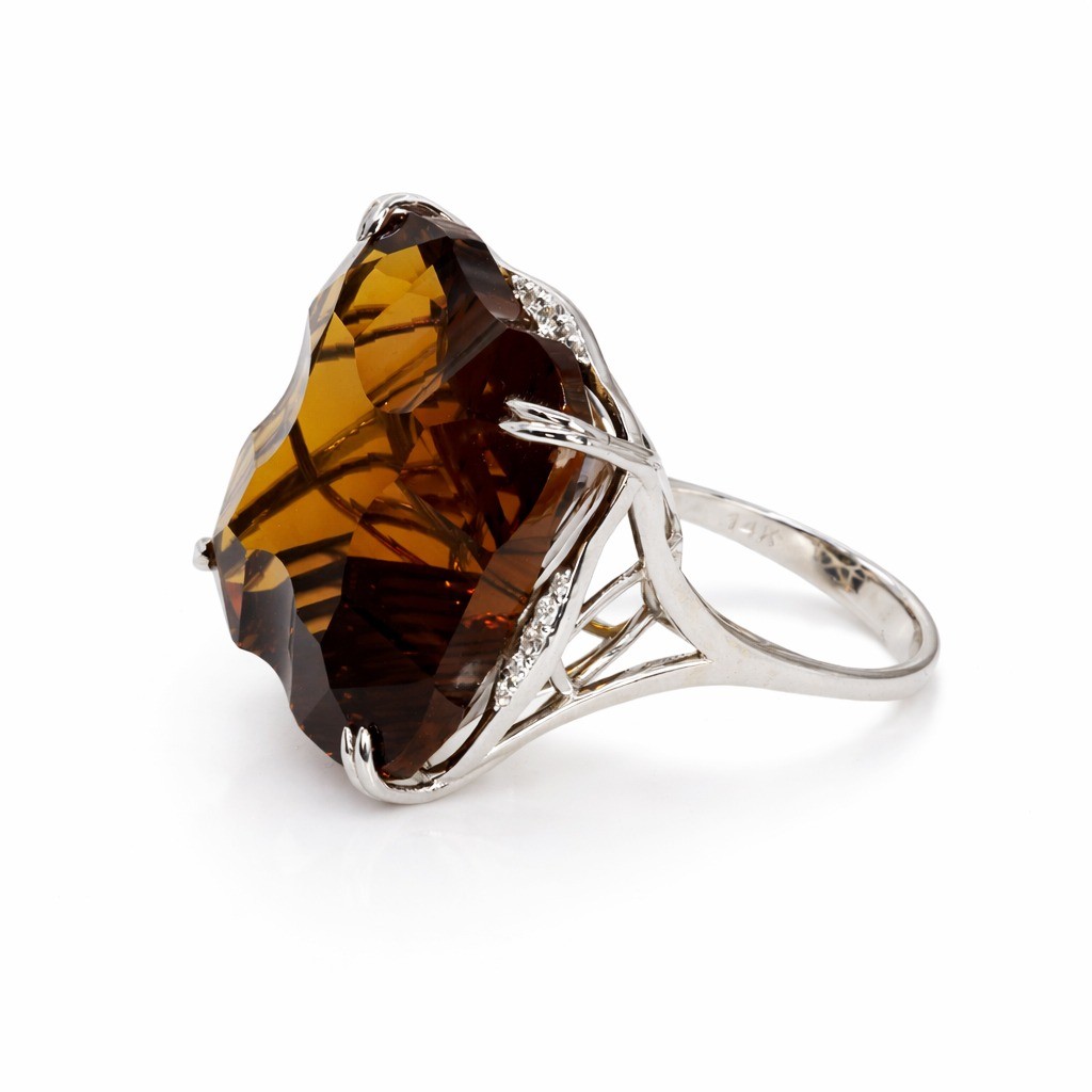 Inel Aur Alb 14k, Cuart Cognac 61.31 Ct, Diamante 0.34 Ct 2