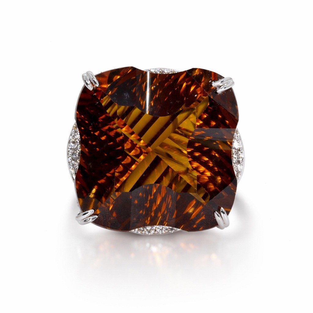  Inel Aur Alb 14k, Cuart Cognac 61.31 Ct, Diamante 0.34 Ct 3