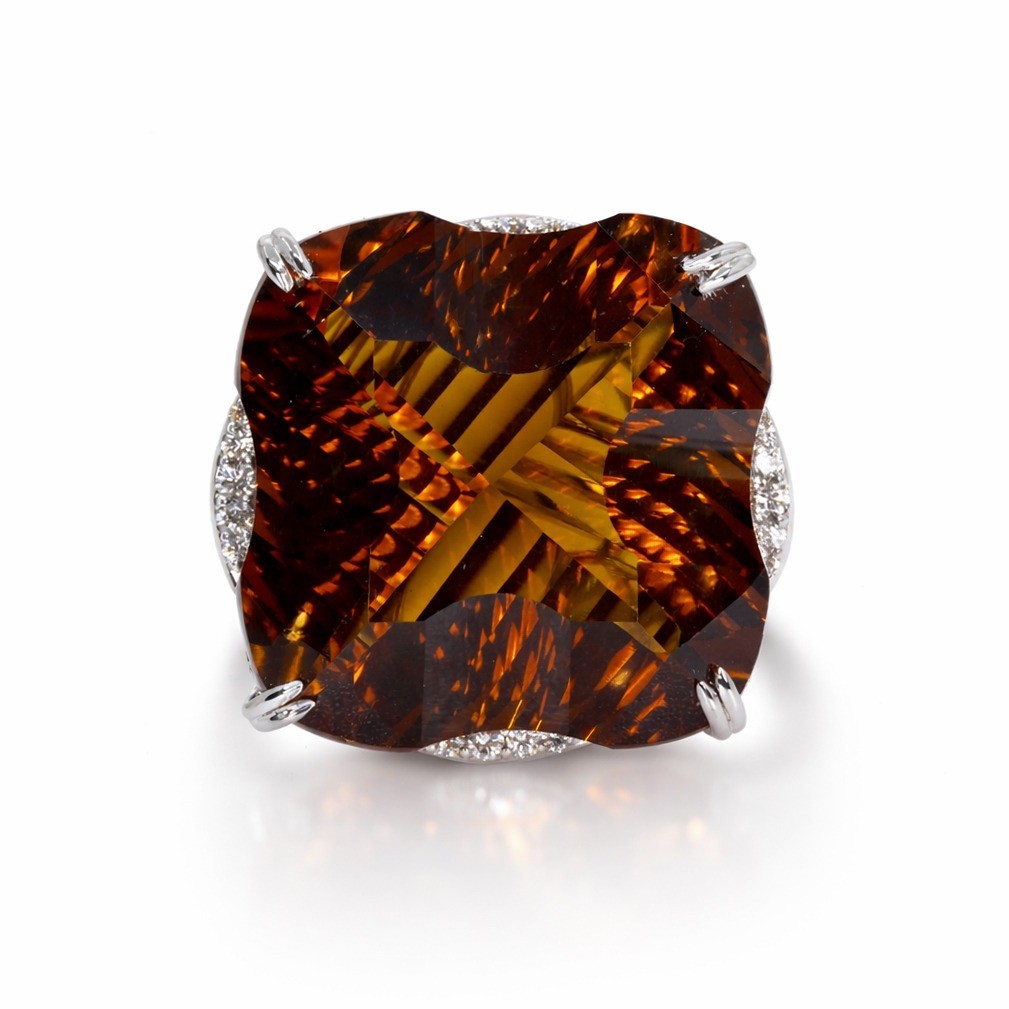  Inel Aur Alb 14k, Cuart Cognac 61.31 Ct, Diamante 0.34 Ct 1