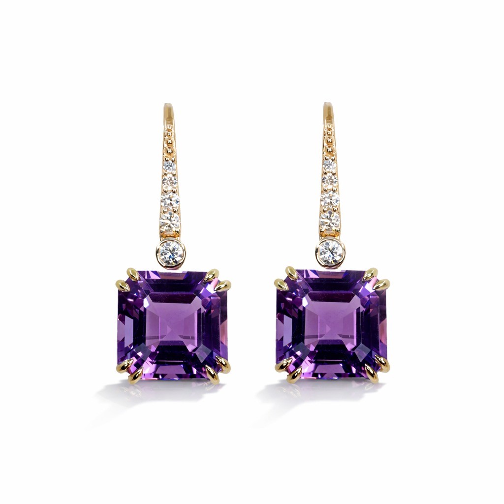  Cercei Aur Galben 14K, Ametist 11.00 Ct, Diamante 0.26 Ct 1