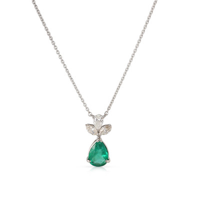  Colier Aur Alb 14k,  Smarald 0.90 Ct , Diamante 0.32 Ct 