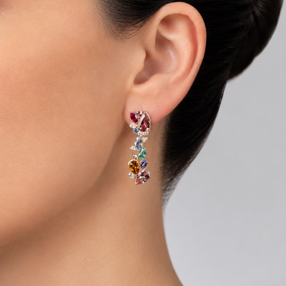  Cercei Aur Galben 14K, Turmalina 4.50 Ct ,  Citrin 1.43 ct, Aquamarin 0.70 ct, Smarald 0.40 ct, Safire 1.30 ct, Diamante 0.50 Ct 3