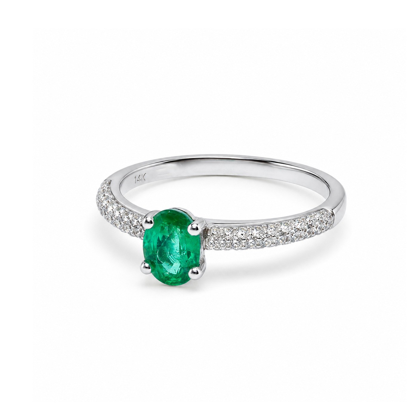 Inel Aur Alb 14 k, Smarald 0.85 ct , Diamante Naturale 0.33 Ct