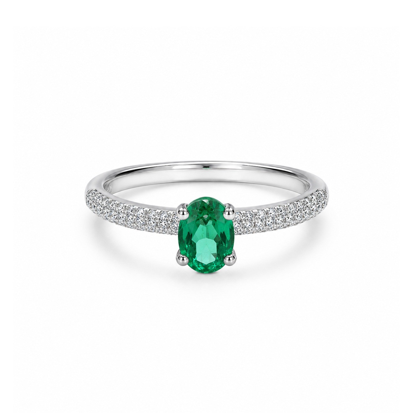 Inel Aur Alb 14 k, Smarald 0.85 ct , Diamante Naturale 0.33 Ct