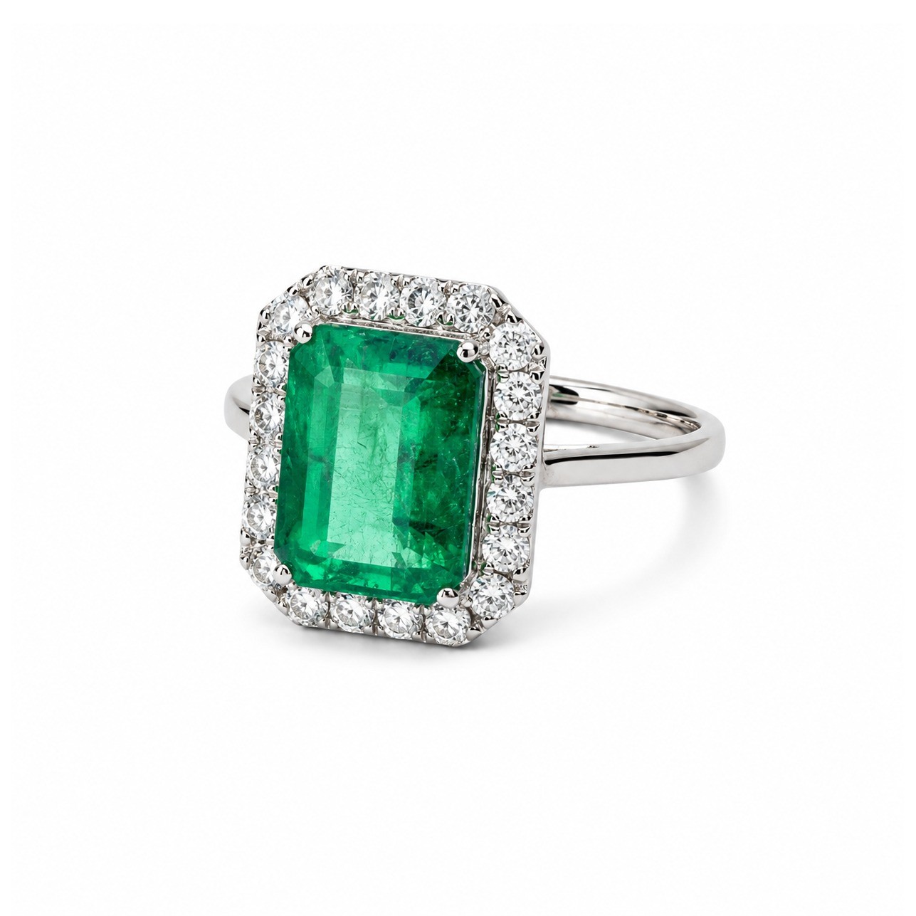 Inel Aur Alb 14 k, Smarald 3.00 ct , Diamante 0.28 Ct