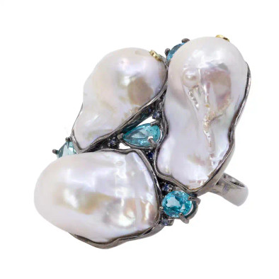 Inel Argint 925, Perle Baroque, Apatit, Safire