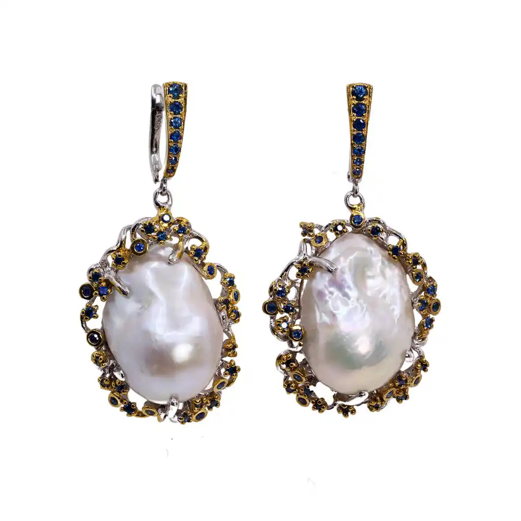 Cercei Argint 925, Perle Baroque, Safire Albastre