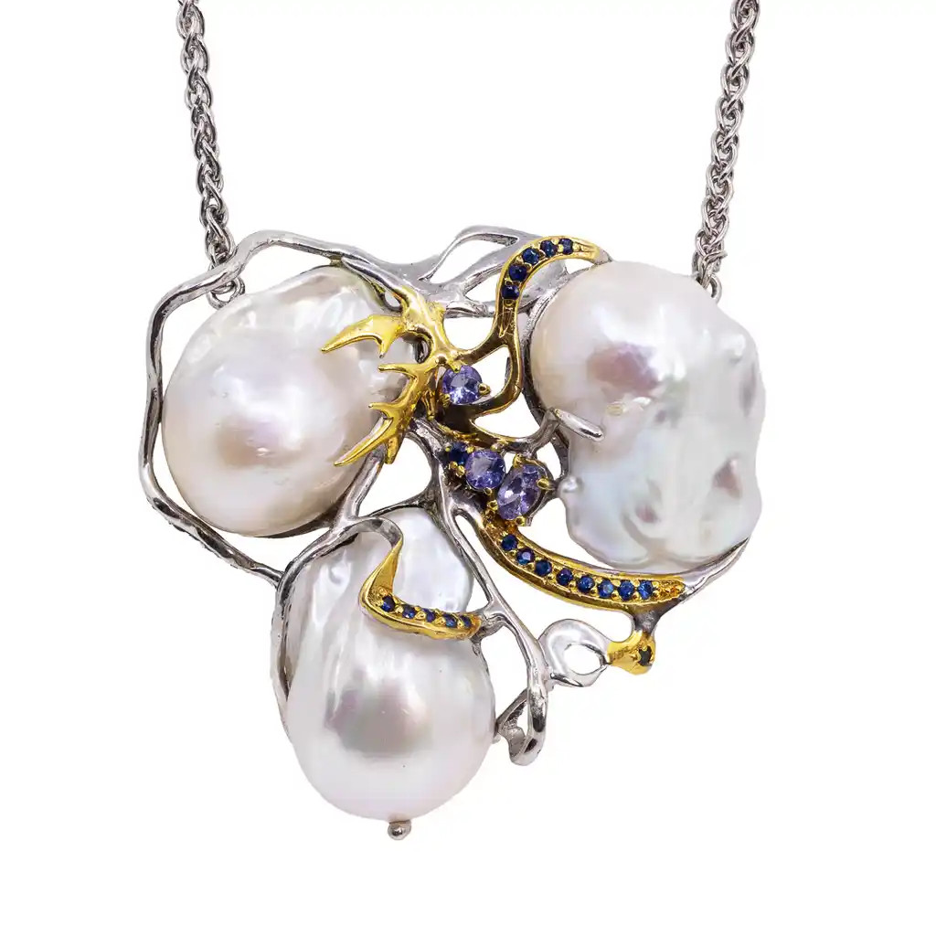 Colier Argint 925, Perle Baroque, Tanzanit, Safire Albastre