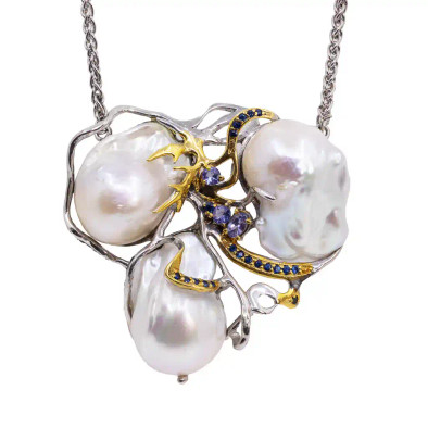 Colier Argint 925, Perle Baroque, Tanzanit, Safire Albastre