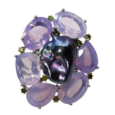  Inel Argint 925, Perla Baroque Tahiti, Ametist Lavanda, Tsavorite 1