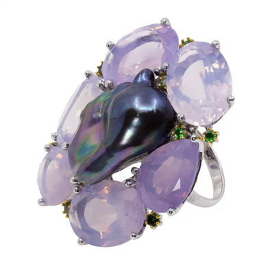  Inel Argint 925, Perla Baroque Tahiti, Ametist Lavanda, Tsavorite 3