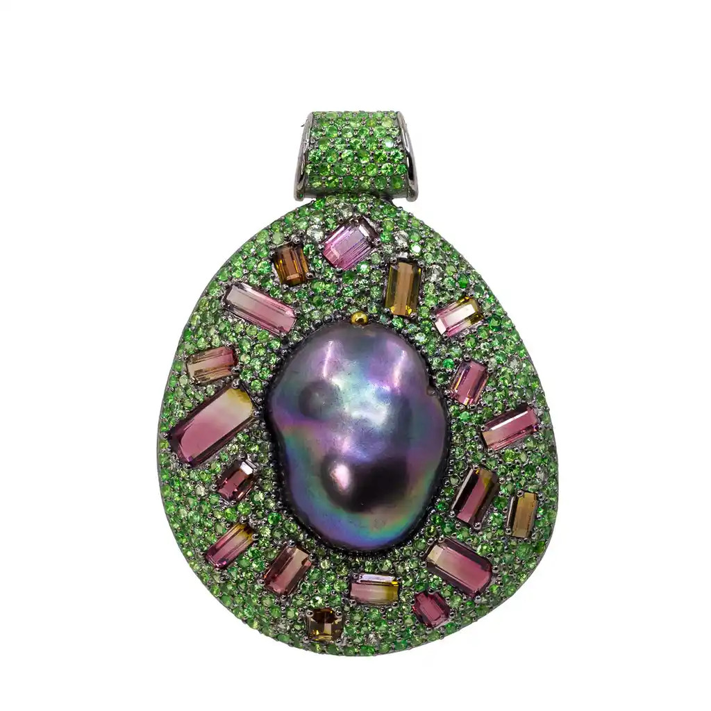 Pandantiv Argint 925, Perla Baroque Tahiti, Turmalina, Tsavorite