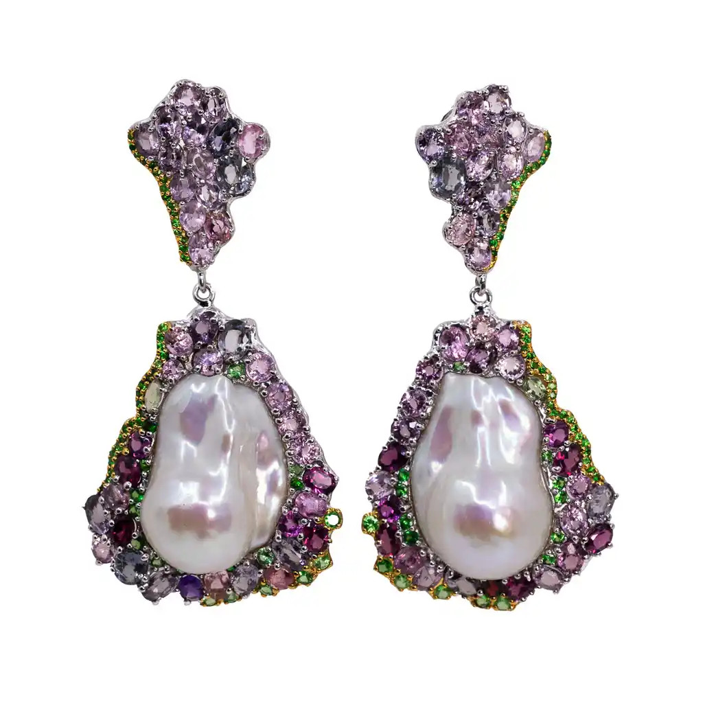  Cercei Argint 925, Perle Baroque, Spinel, Tsavorite, Rodolit, Crom Diopsid 