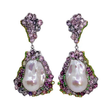  Cercei Argint 925, Perle Baroque, Spinel, Tsavorite, Rodolit, Crom Diopsid 
