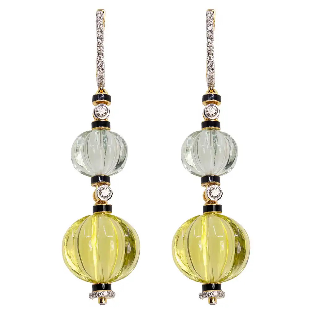 Cercei Aur Galben 14k,  Lemon Cuart 29 ct, Ametist Verde 11 ct, Diamante Naturale 0.42 ct